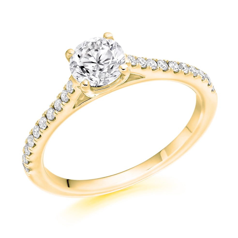 Solitaire with Diamond Set Shoulders Round Brilliant Engagement Ring, 0.75ct in Yellow Gold