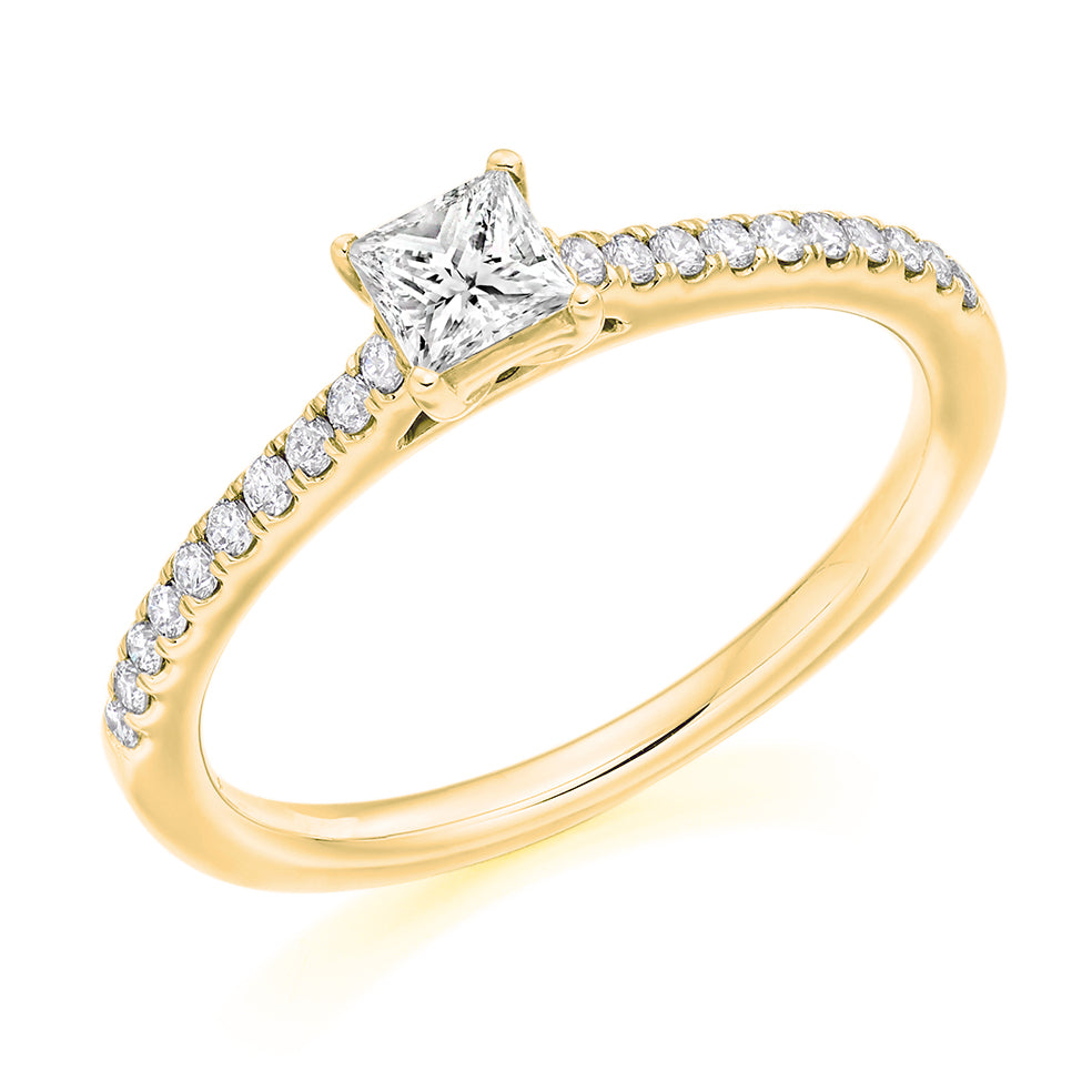 Solitaire with Diamond Set Shoulders Princess Cut Engagement Ring, 0.25ct in Yellow Gold