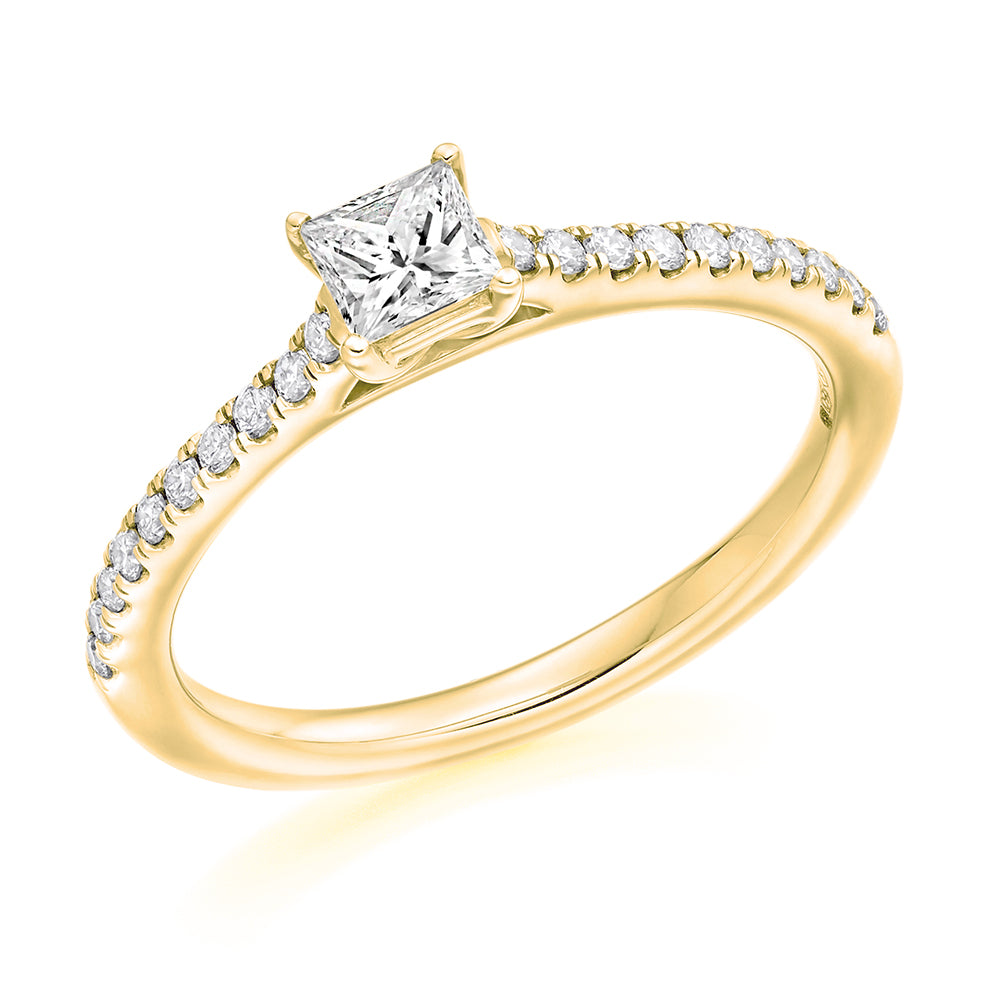 Solitaire with Diamond Set Shoulders Princess Cut Engagement Ring, 0.33ct in Yellow Gold