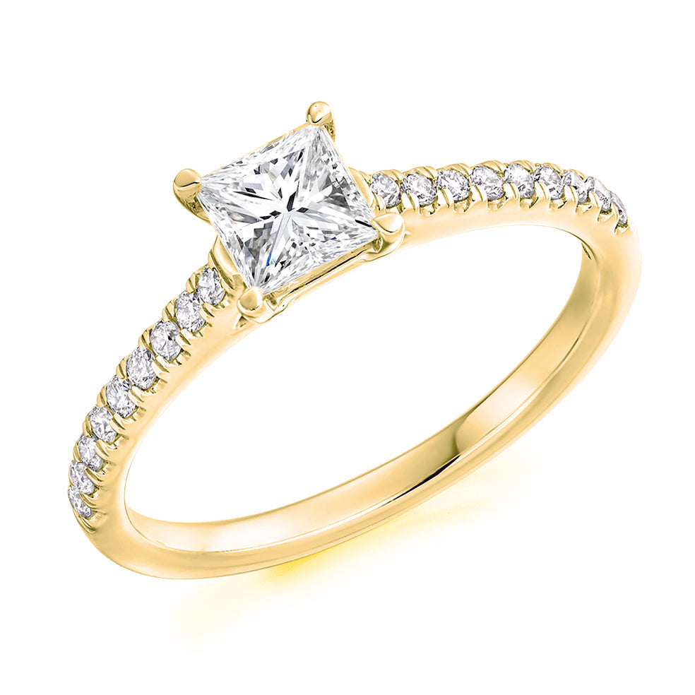 Solitaire with Diamond Set Shoulders Princess Cut Engagement Ring, 0.50ct in Yellow Gold