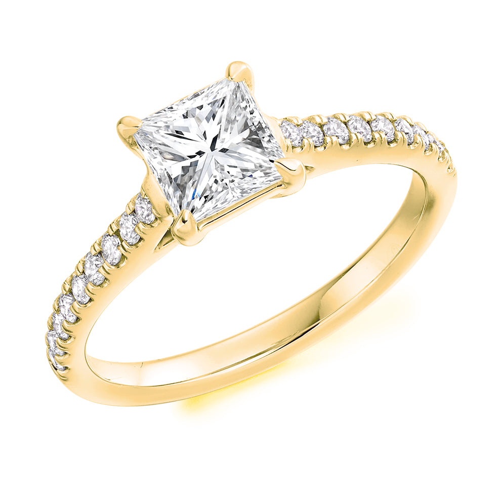 Accent-Shouldered Solitaire Princess Cut Engagement Ring, 1.0ct in Yellow Gold