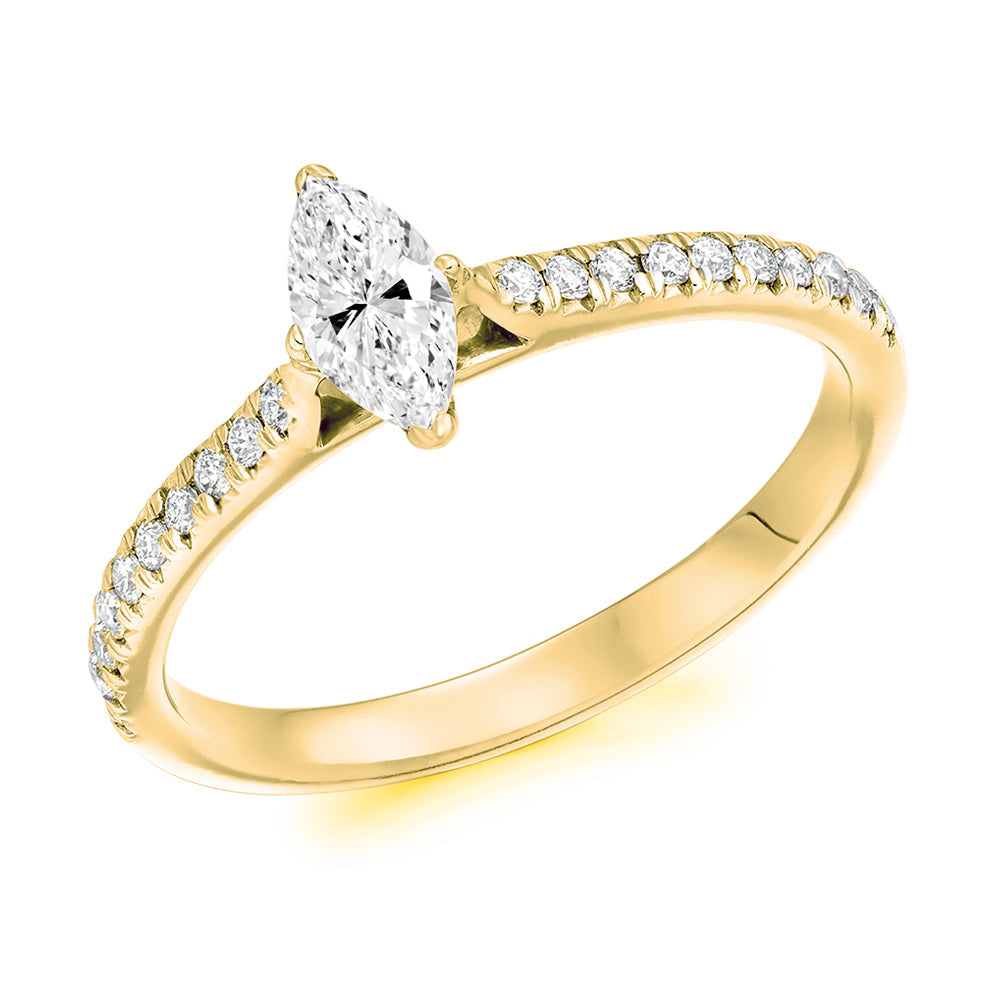 Accent-Shouldered Solitaire Marquise Cut Engagement Ring in Yellow Gold