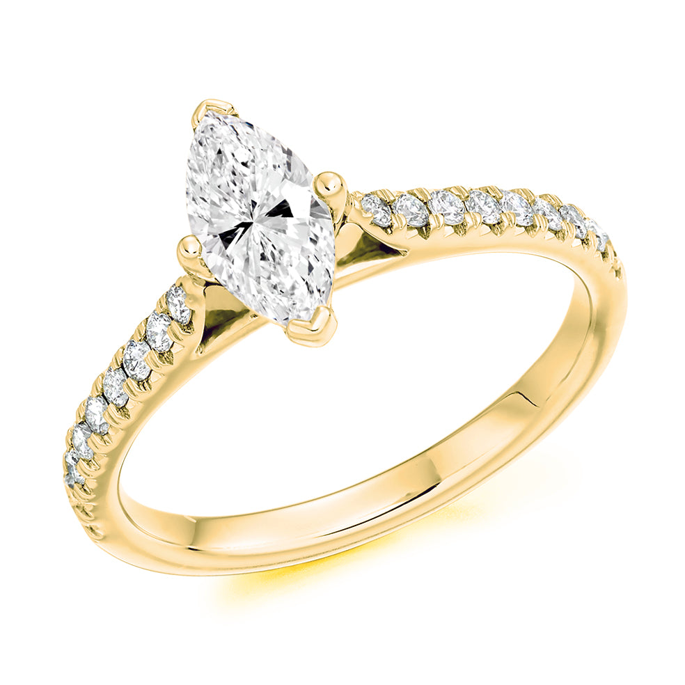Solitaire with Diamond Shoulders Marquise Cut Engagement Ring, 0.5ct in Yellow Gold