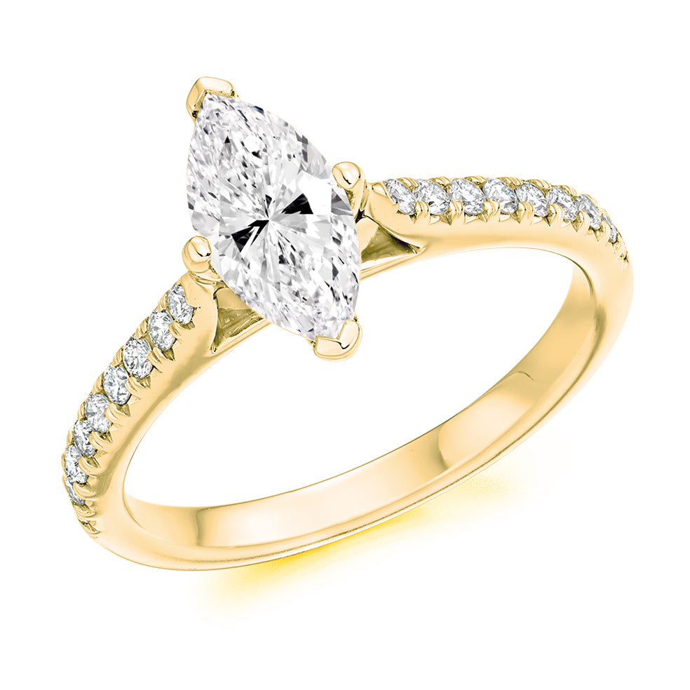 Accent-Shouldered Solitaire Marquise Cut Engagement Ring, 0.85ct in Yellow Gold