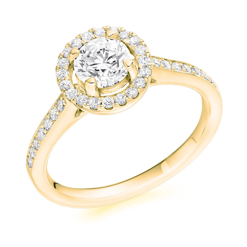 Pavé-Shoulder Halo Round-Brilliant Engagement Ring, 0.5ct in Yellow Gold