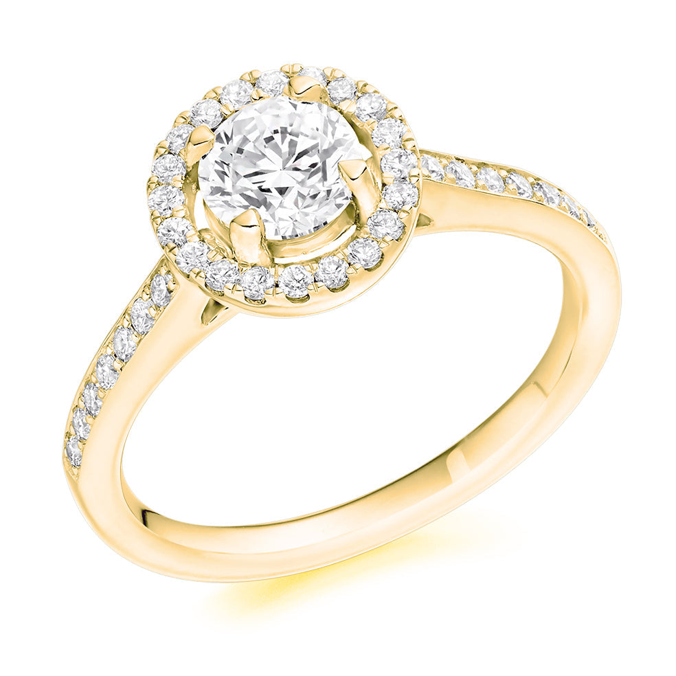 Pavé-Shoulder Halo Round-Brilliant Engagement Ring, 0.75ct in Yellow Gold