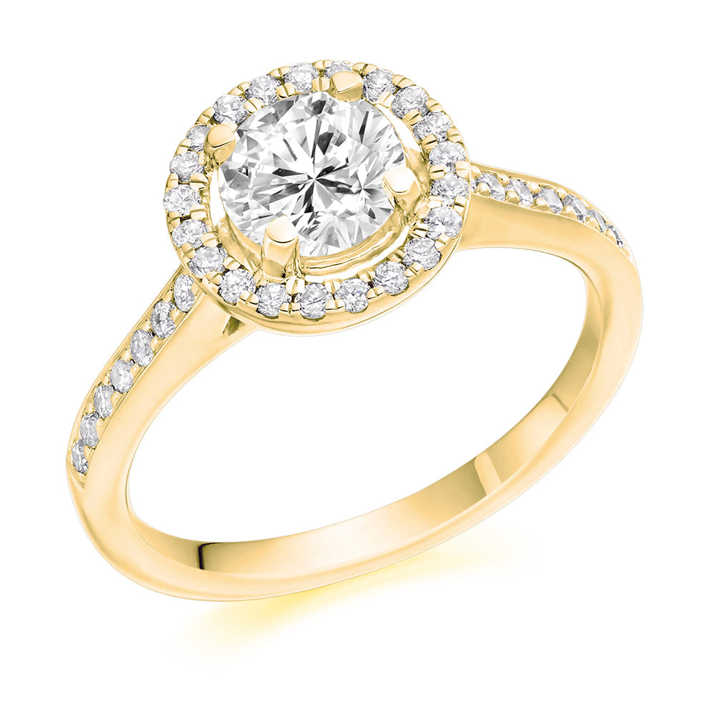 Pavé-Shoulder Halo Round-Brilliant Engagement Ring, 0.9ct in Yellow Gold