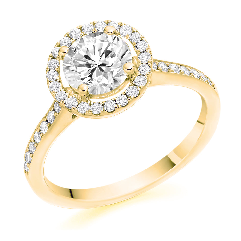 Pavé-Shoulder Halo Round-Brilliant Engagement Ring, 1.0ct in Yellow Gold