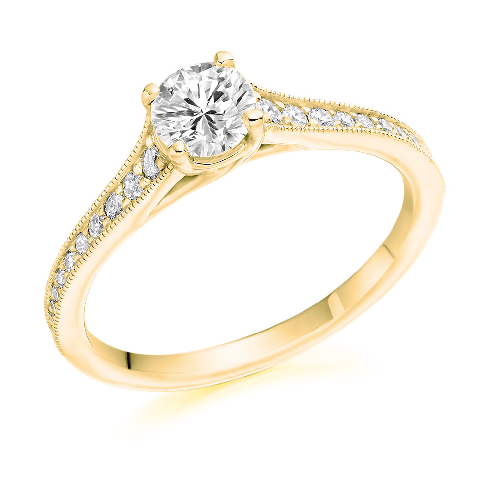 Solitaire with Diamond Set Shoulders Round Brilliant Engagement Ring, 0.50ct in Yellow Gold