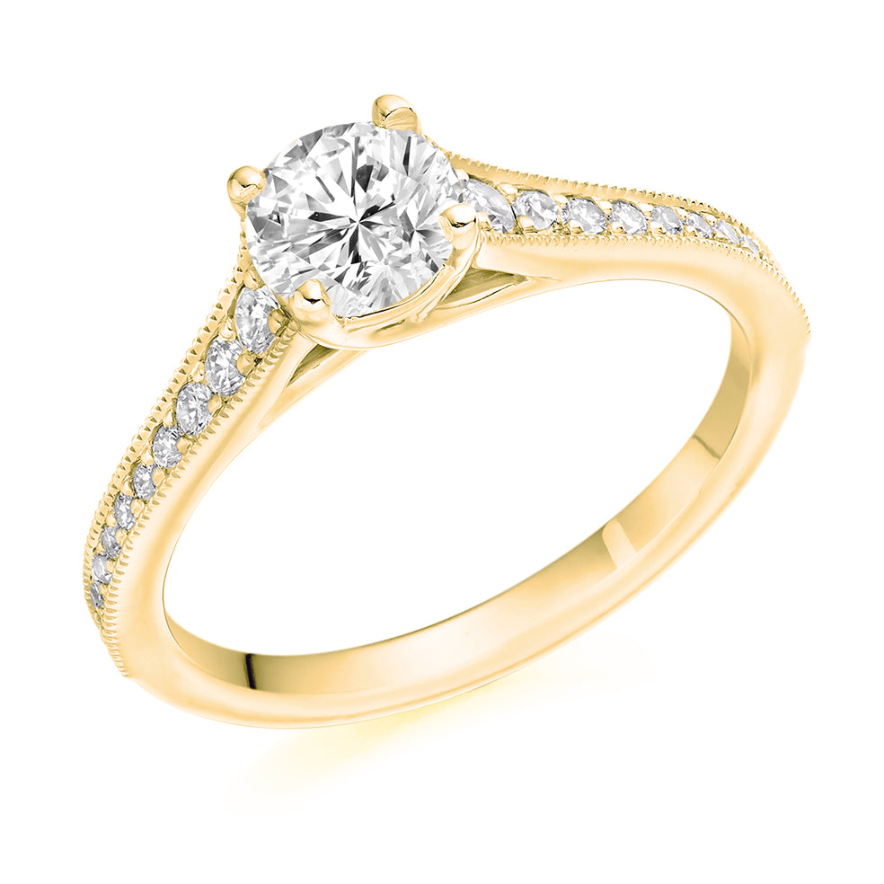 Solitaire with Diamond Set Shoulders Round Brilliant Engagement Ring, 0.75ct in Yellow Gold