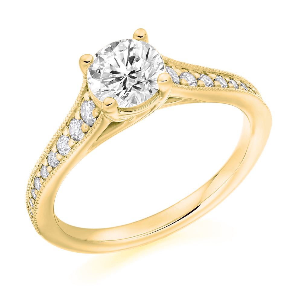 Solitaire with Diamond Set Shoulders Round Brilliant Engagement Ring, 0.90ct in Yellow Gold