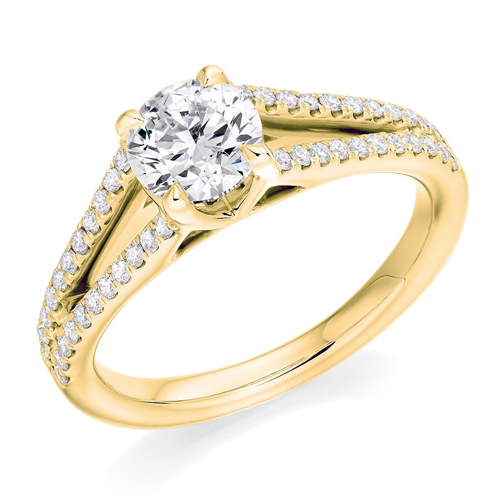 Solitaire with Diamond Set Shoulders Round Brilliant Engagement Ring, 0.90ct in Yellow Gold