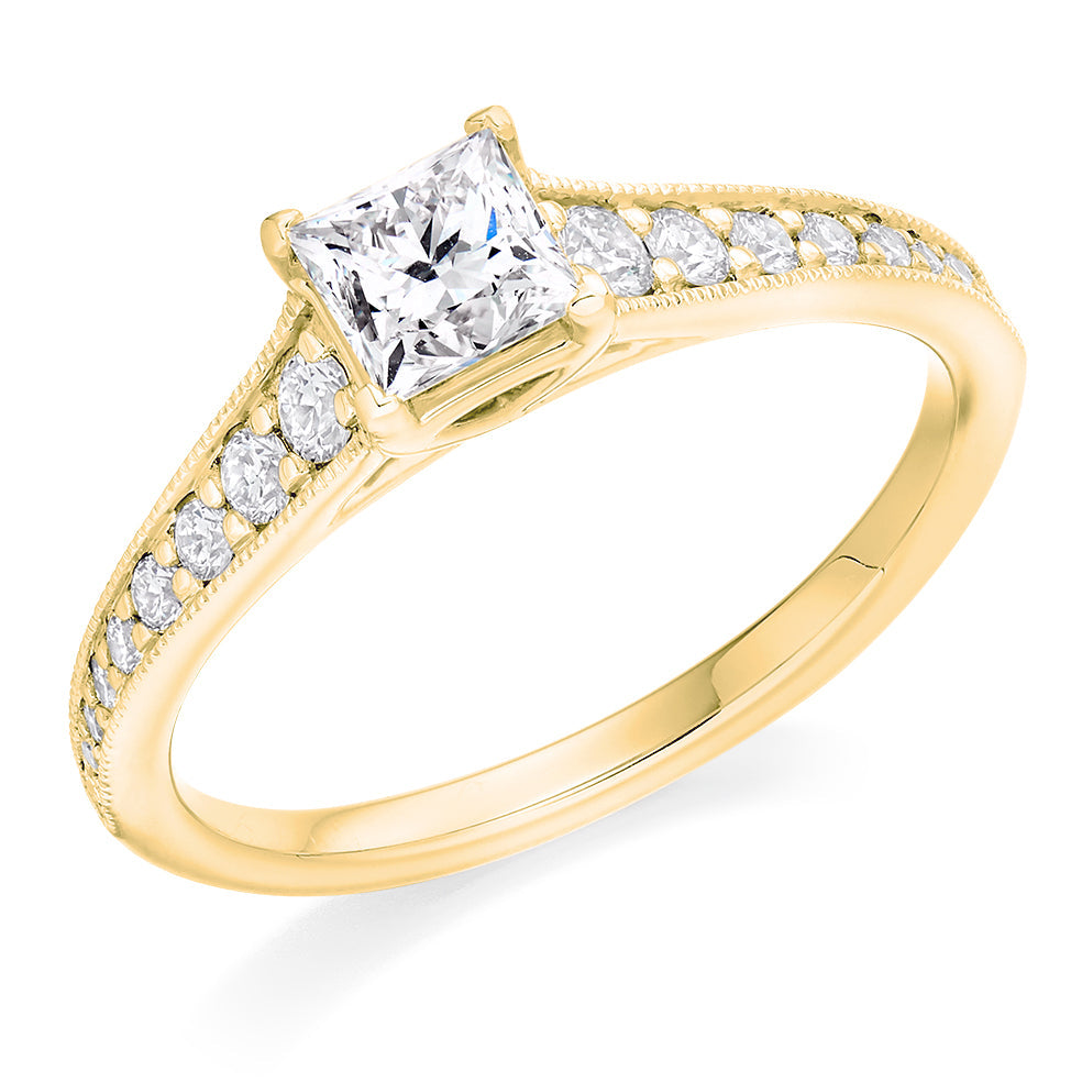 Pavé-Shouldered Solitaire Princess Cut Engagement Ring, 0.5ct in Yellow Gold