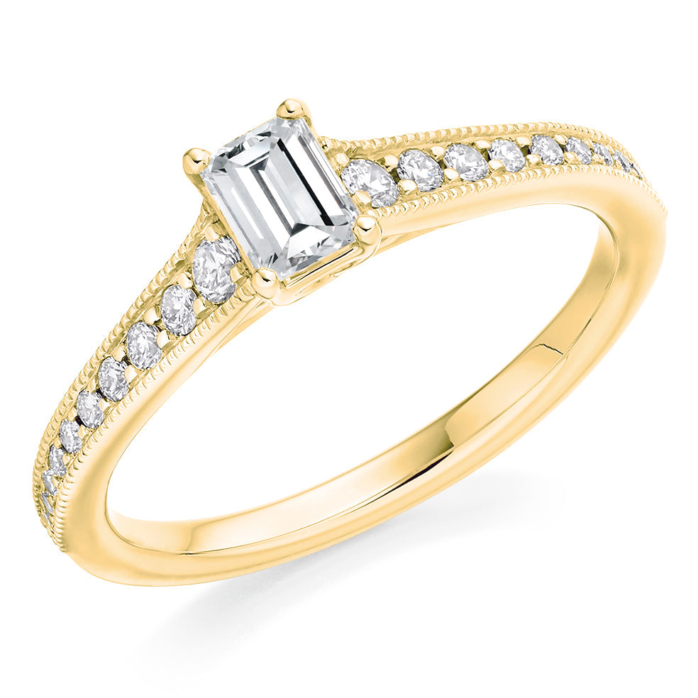 Fine Pavé Solitaire Emerald Cut Engagement Ring, 0.33ct in Yellow Gold