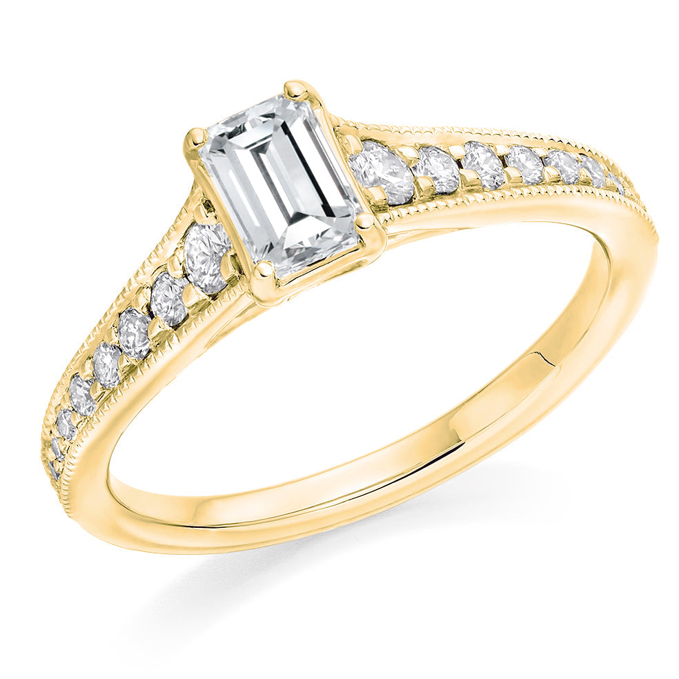 Pavé-Shouldered Solitaire Emerald Cut Engagement Ring, 0.5ct in Yellow Gold