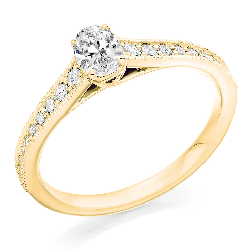 Pavé-Shouldered Solitaire Oval Cut Engagement Ring, 0.33ct in Yellow Gold
