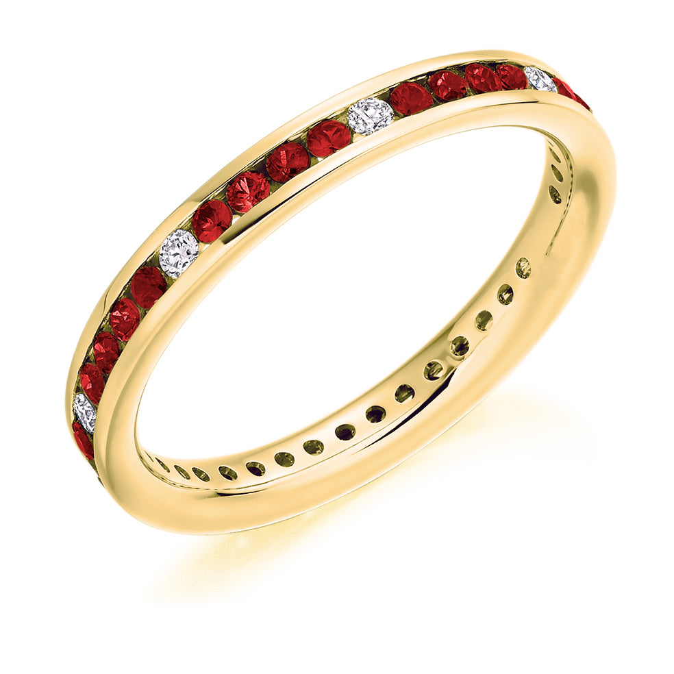 Ruby & Diamond Full Eternity Ring, 0.13ct in Yellow Gold