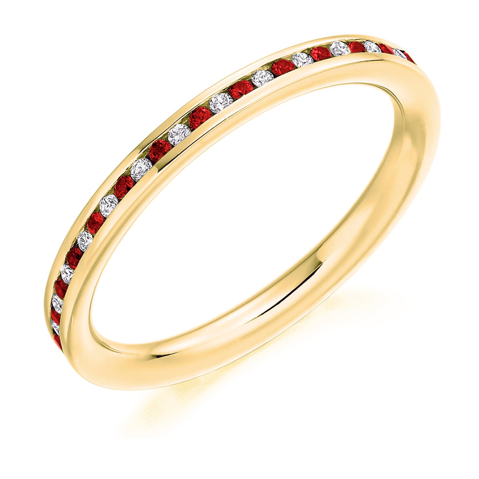 Ruby & Diamond Full Eternity Ring, 0.17ct in Yellow Gold