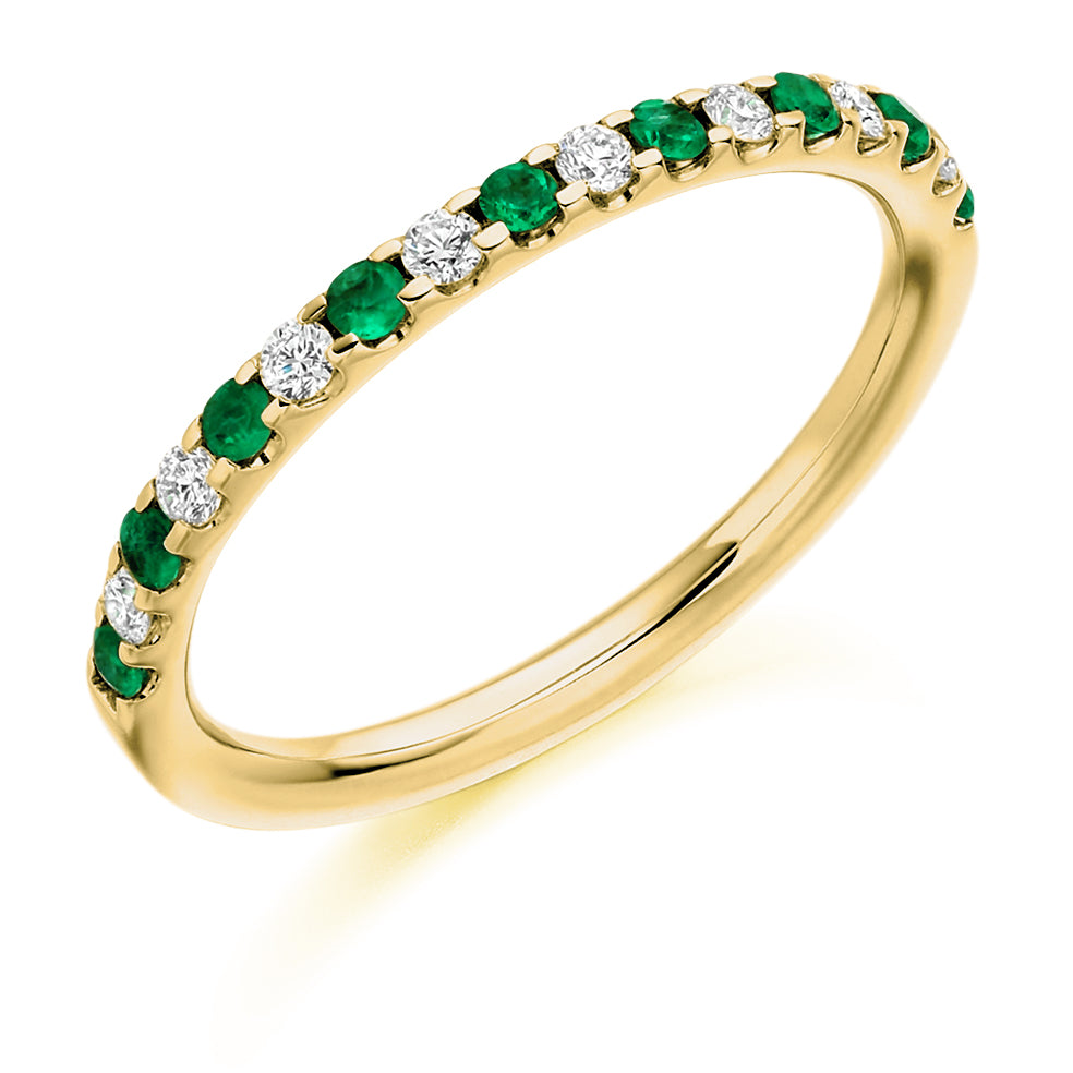 Emerald & Diamond Half Eternity Ring with Micro-Claw, 0.18ct in Yellow Gold