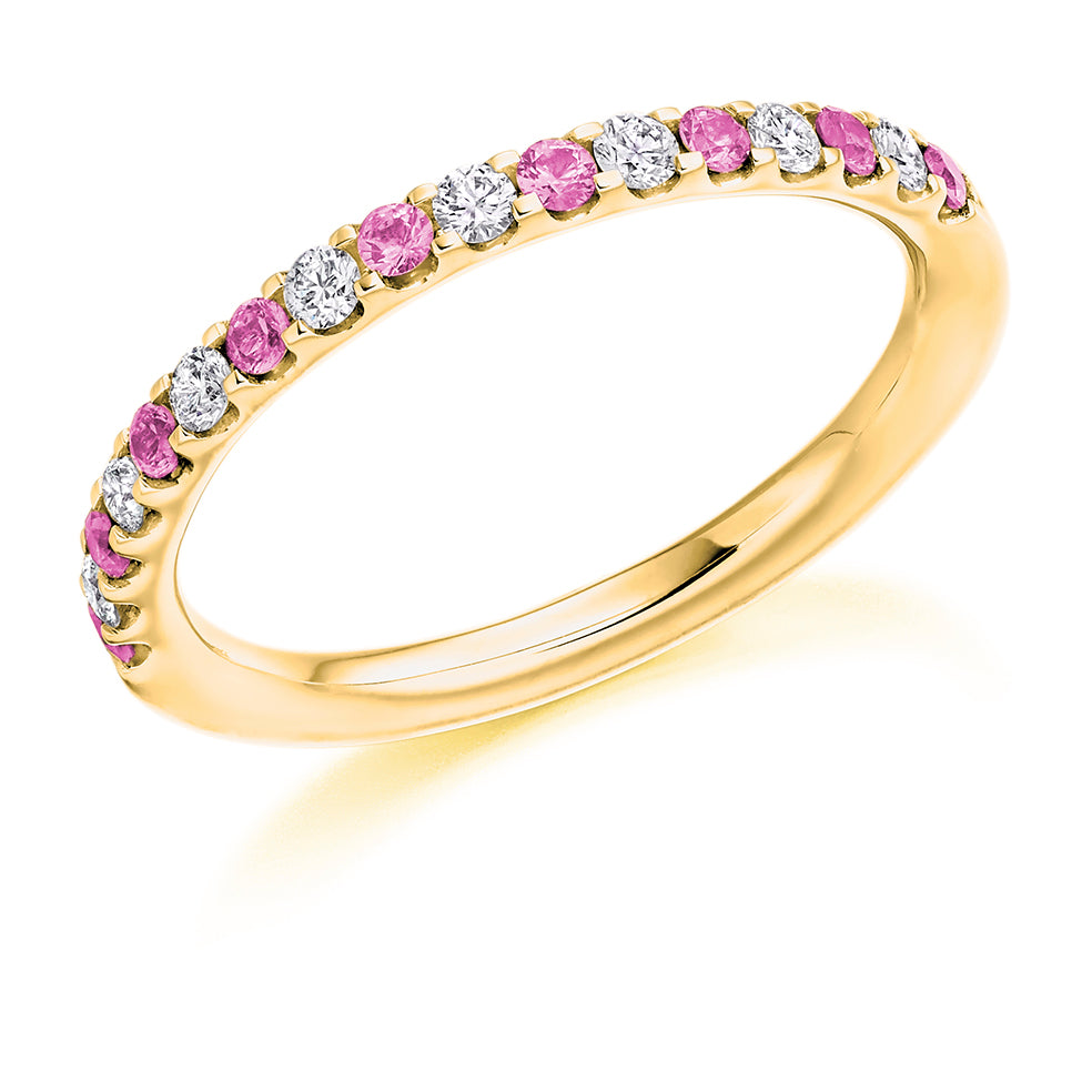 Pink Sapphire & Diamond Half Eternity Ring, 0.18ct in Yellow Gold