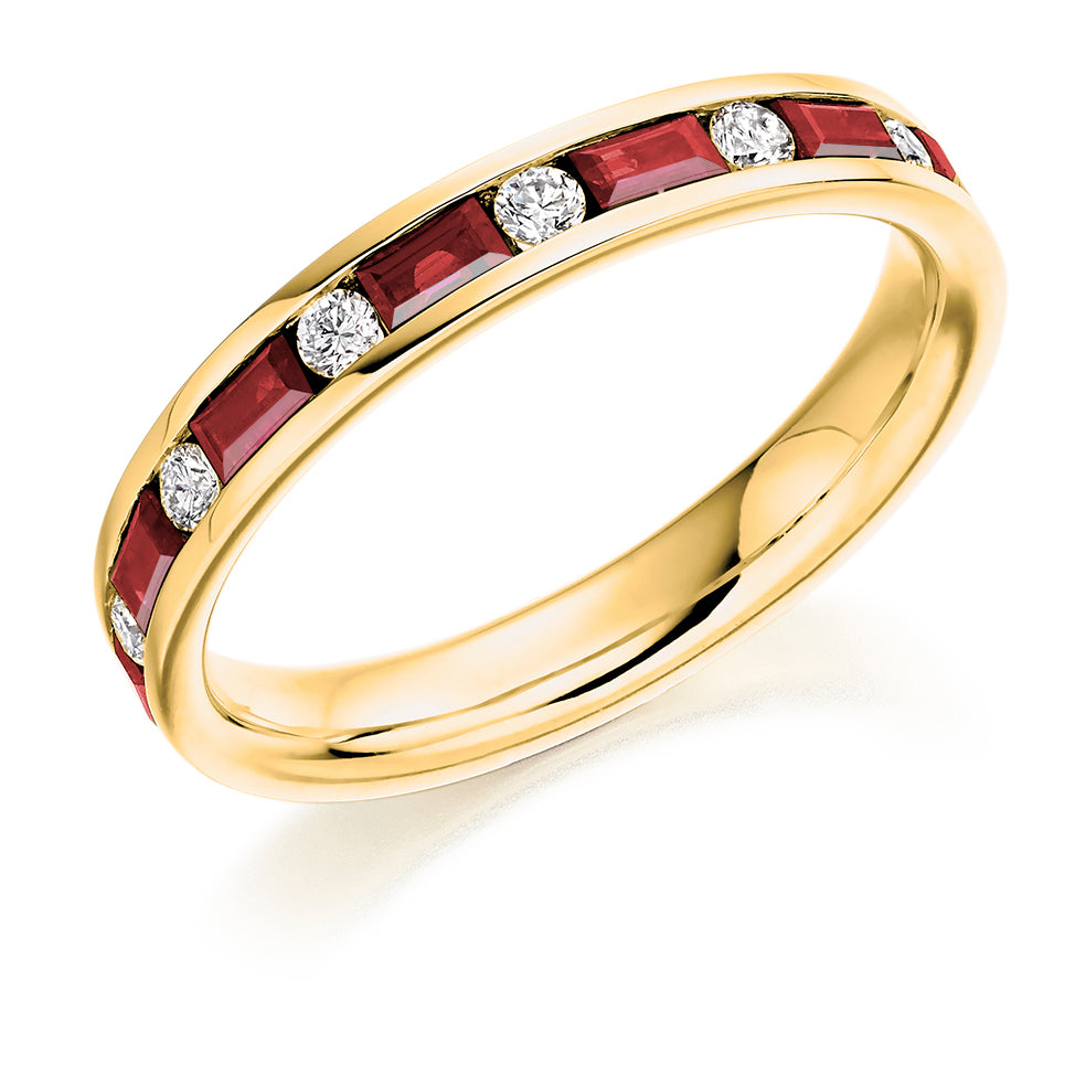 Ruby & Diamond Half Eternity Ring, 0.16ct in Yellow Gold