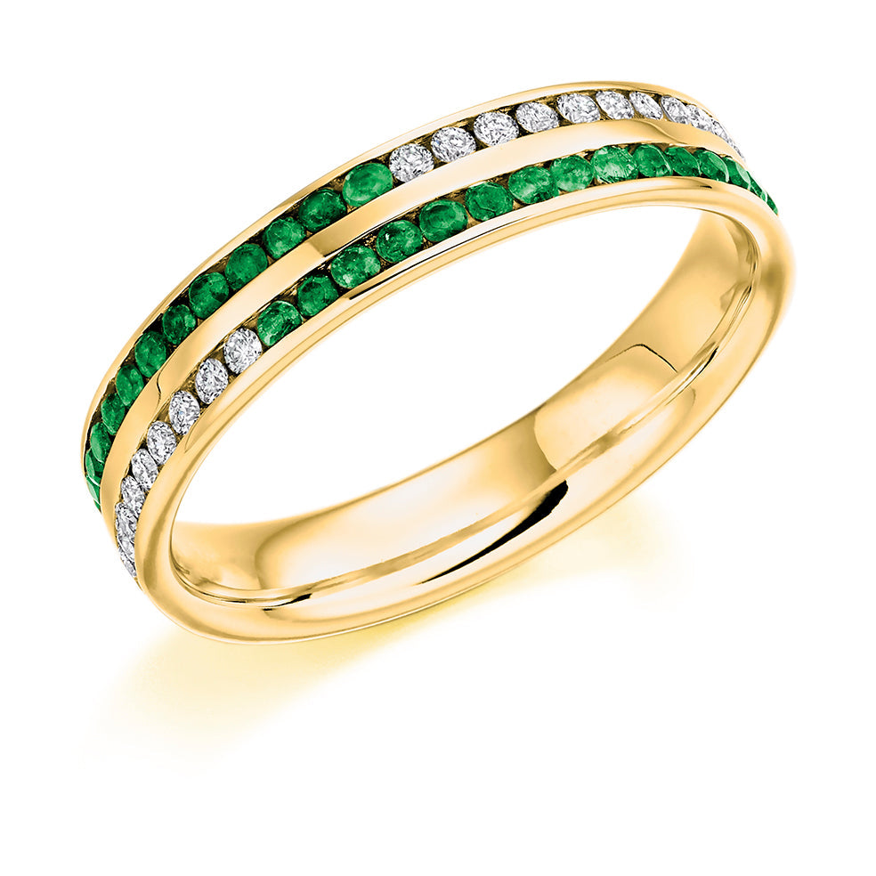 Emerald & Diamond Half Eternity Ring, 0.17ct in Yellow Gold
