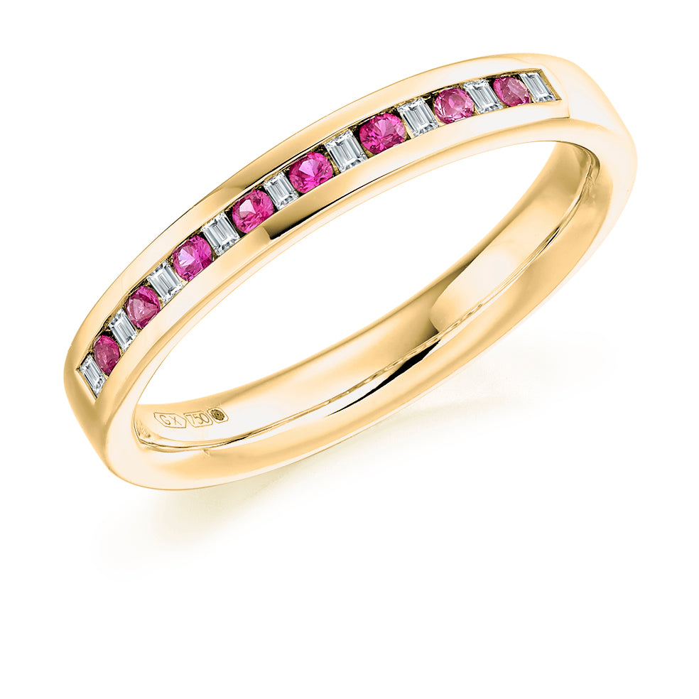Pink Sapphire & Diamond Half Eternity Ring, 0.05ct in Yellow Gold