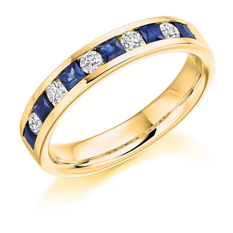 Sapphire & Diamond Half Eternity Ring with Channel-Set, 0.25ct in Yellow Gold