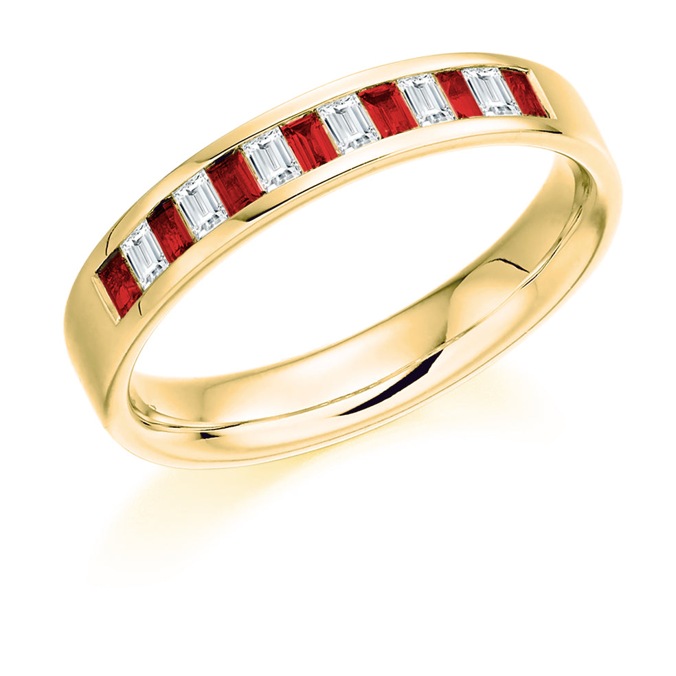 Ruby & Diamond Half Eternity Ring, 0.17ct in Yellow Gold