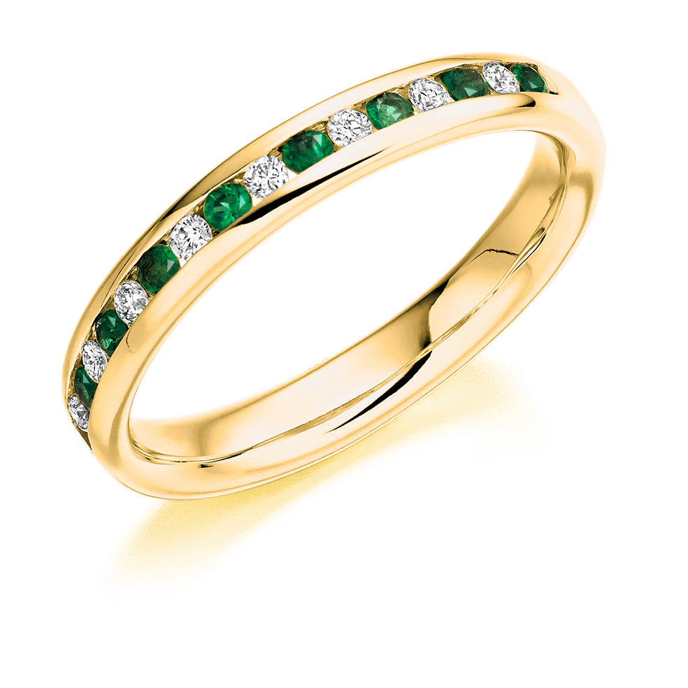 Emerald & Diamond Half Eternity Ring, 0.12ct in Yellow Gold