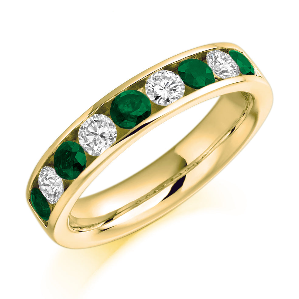 Emerald & Diamond Half Eternity Ring with Channel-Set, 0.46ct in Yellow Gold