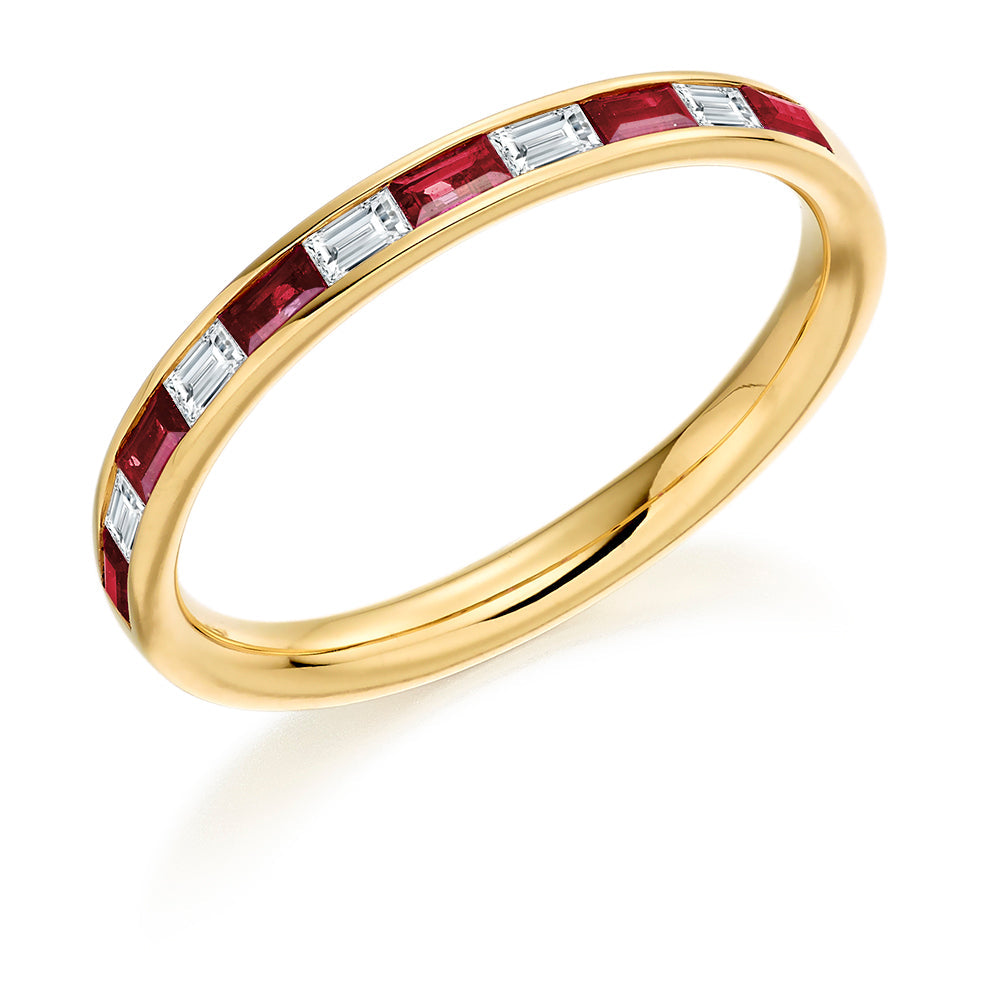 Ruby & Diamond Half Eternity Ring with Channel-Set, 0.17ct in Yellow Gold