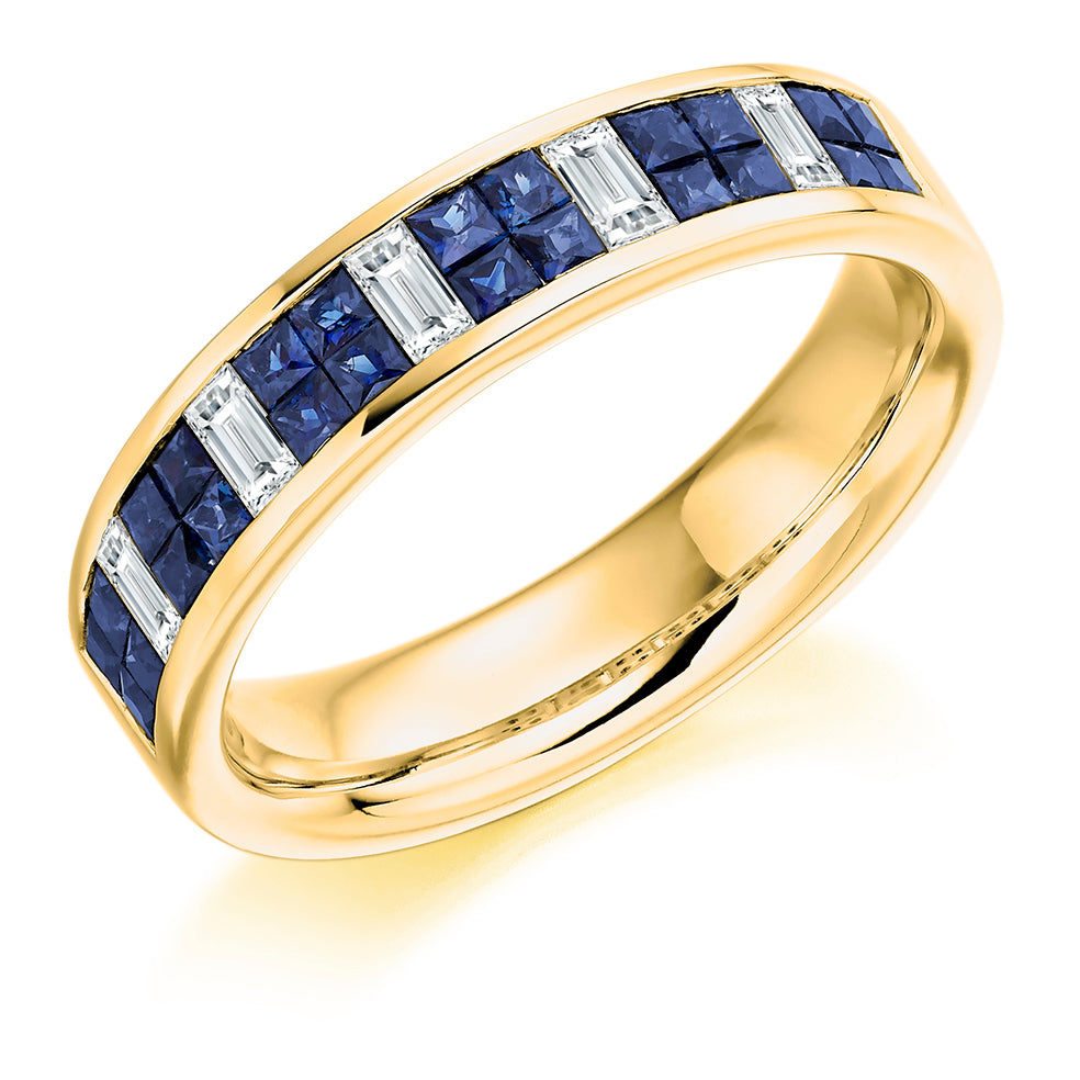 Sapphire & Diamond Half Eternity Ring with Right-Hand, 0.3ct in Yellow Gold