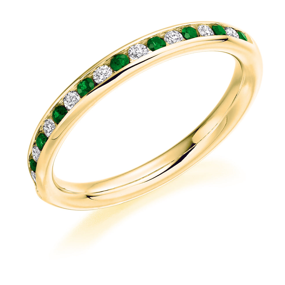 Emerald & Diamond Half Eternity Ring with Channel-Set, 0.18ct in Yellow Gold