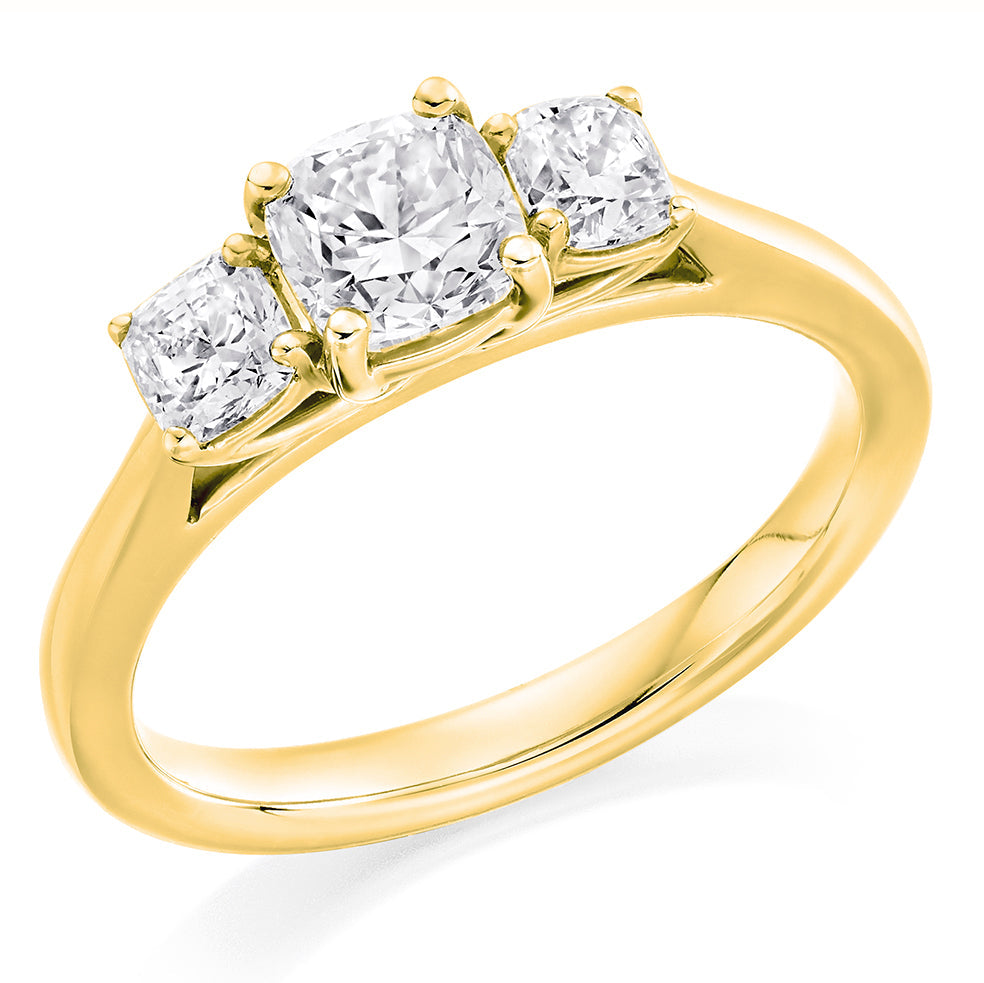 Plain-Band Trilogy Cushion Cut Trilogy Ring in Yellow Gold
