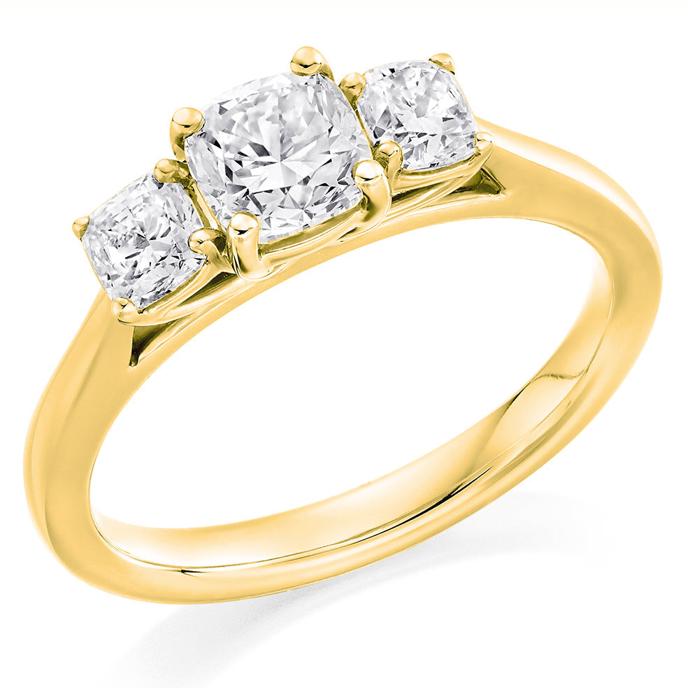 Trilogy Cushion Cut Trilogy Ring in Yellow Gold