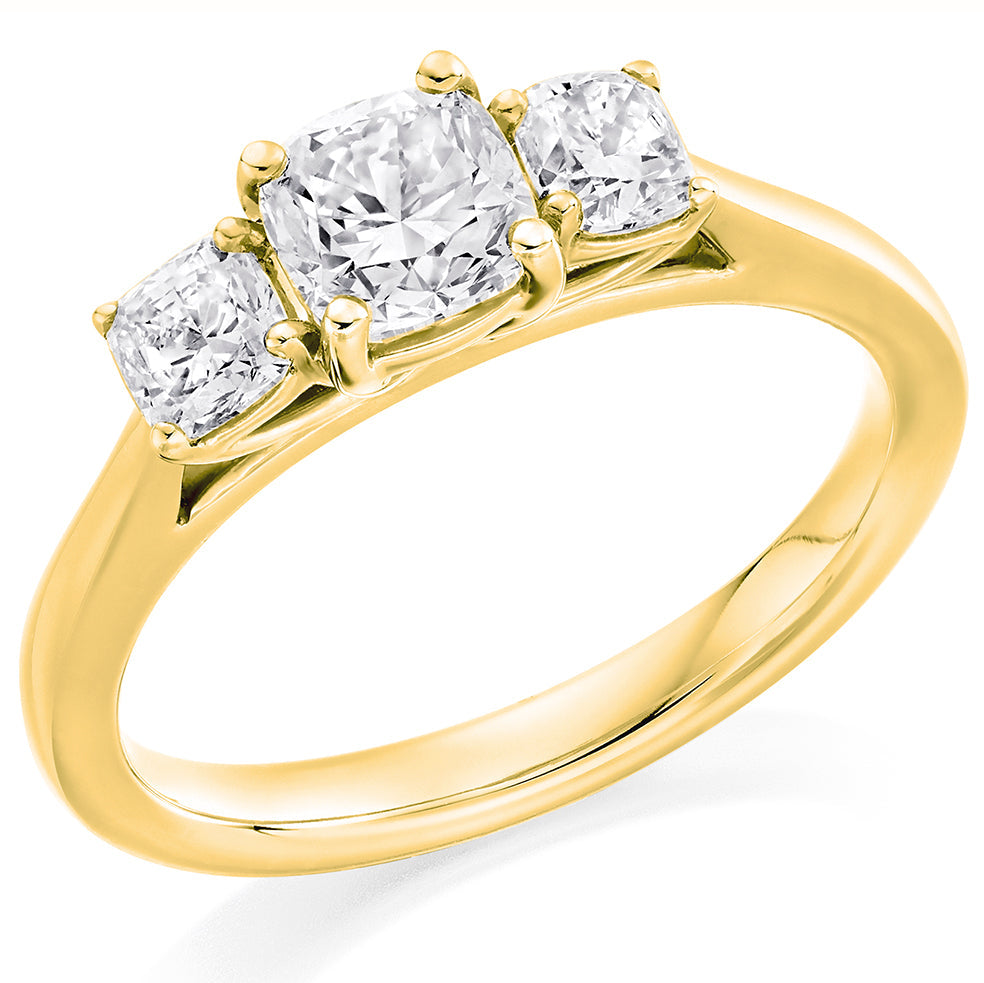 Three-Stone Trilogy Cushion Cut Trilogy Ring in Yellow Gold