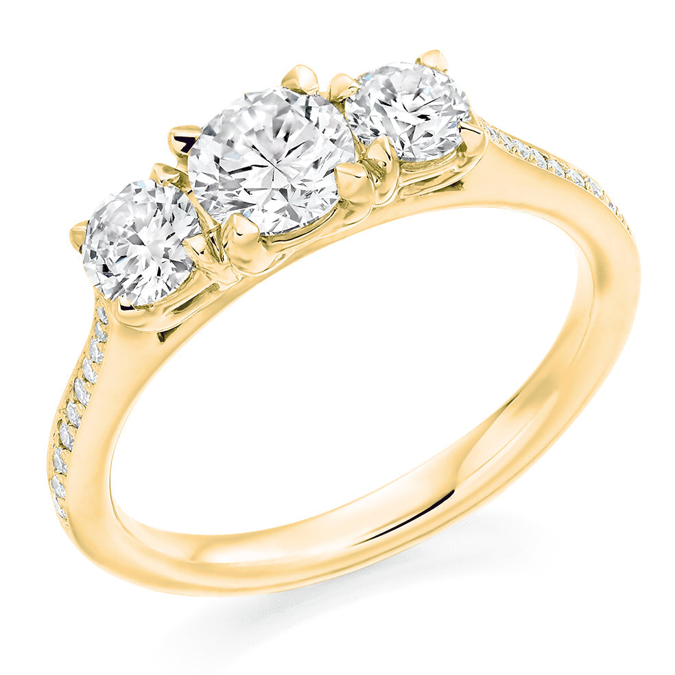 Pavé-Shouldered Trilogy Round Brilliant Trilogy Ring 1.15ct in Yellow Gold