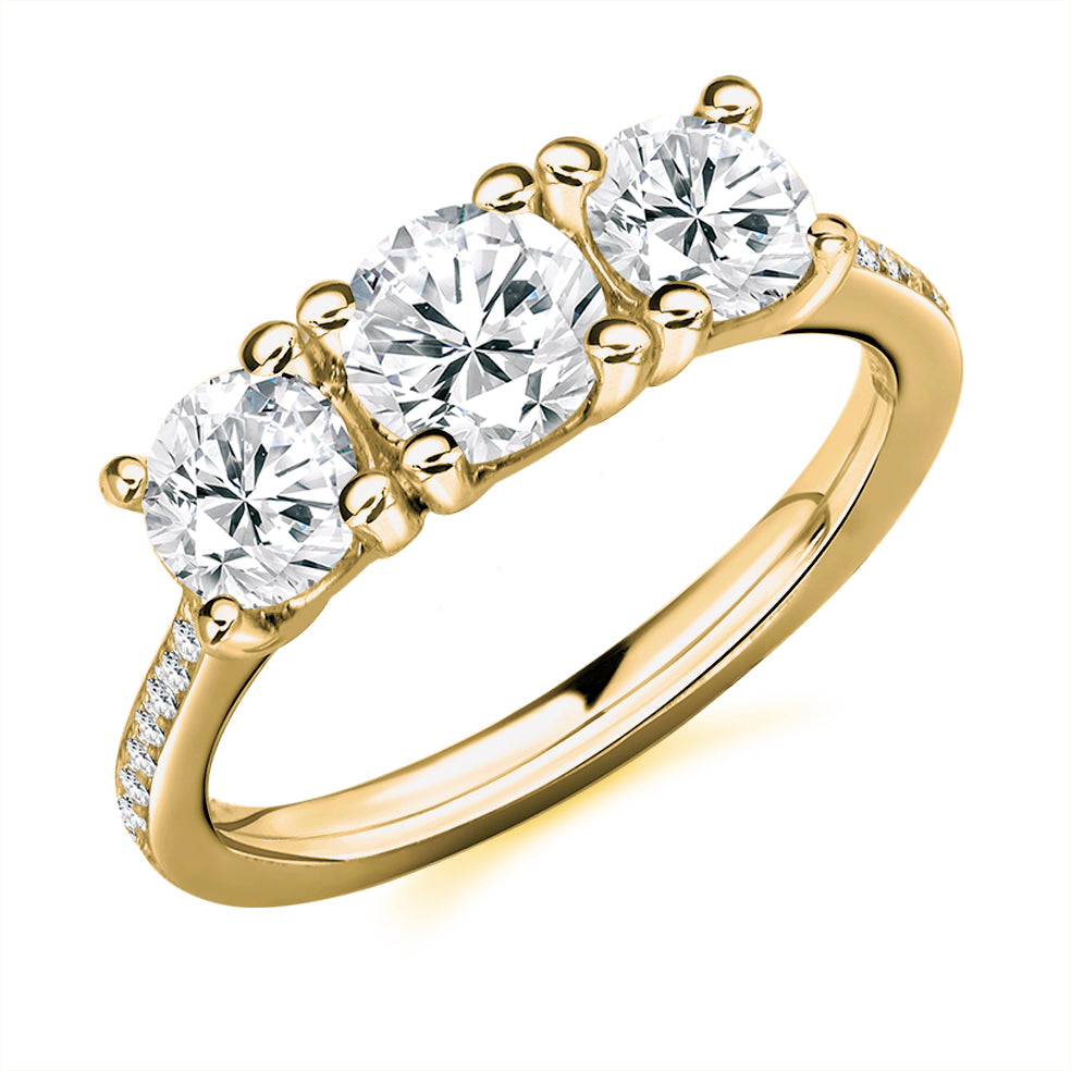Diamond-Shouldered Trilogy Round Brilliant Trilogy Ring, 0.6ct in Yellow Gold