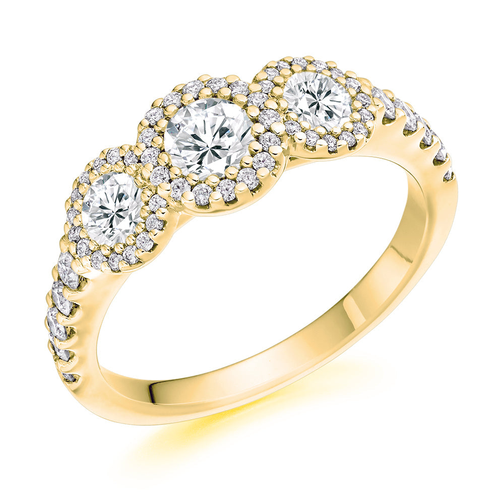 Haloed Trilogy Round Brilliant Trilogy Ring, 0.35ct in Yellow Gold