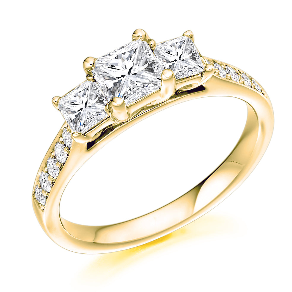 Pavé-Shouldered Trilogy Princess Cut Trilogy Ring, 0.5ct in Yellow Gold
