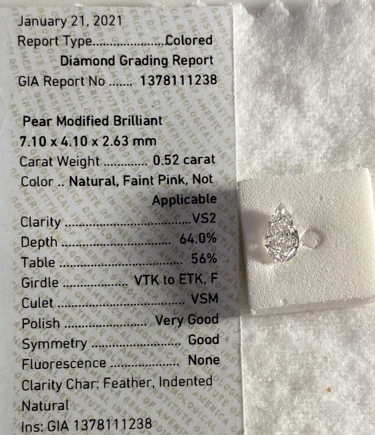Pear Faint Pink Natural Diamond 0.52ct VS2 loose diamond