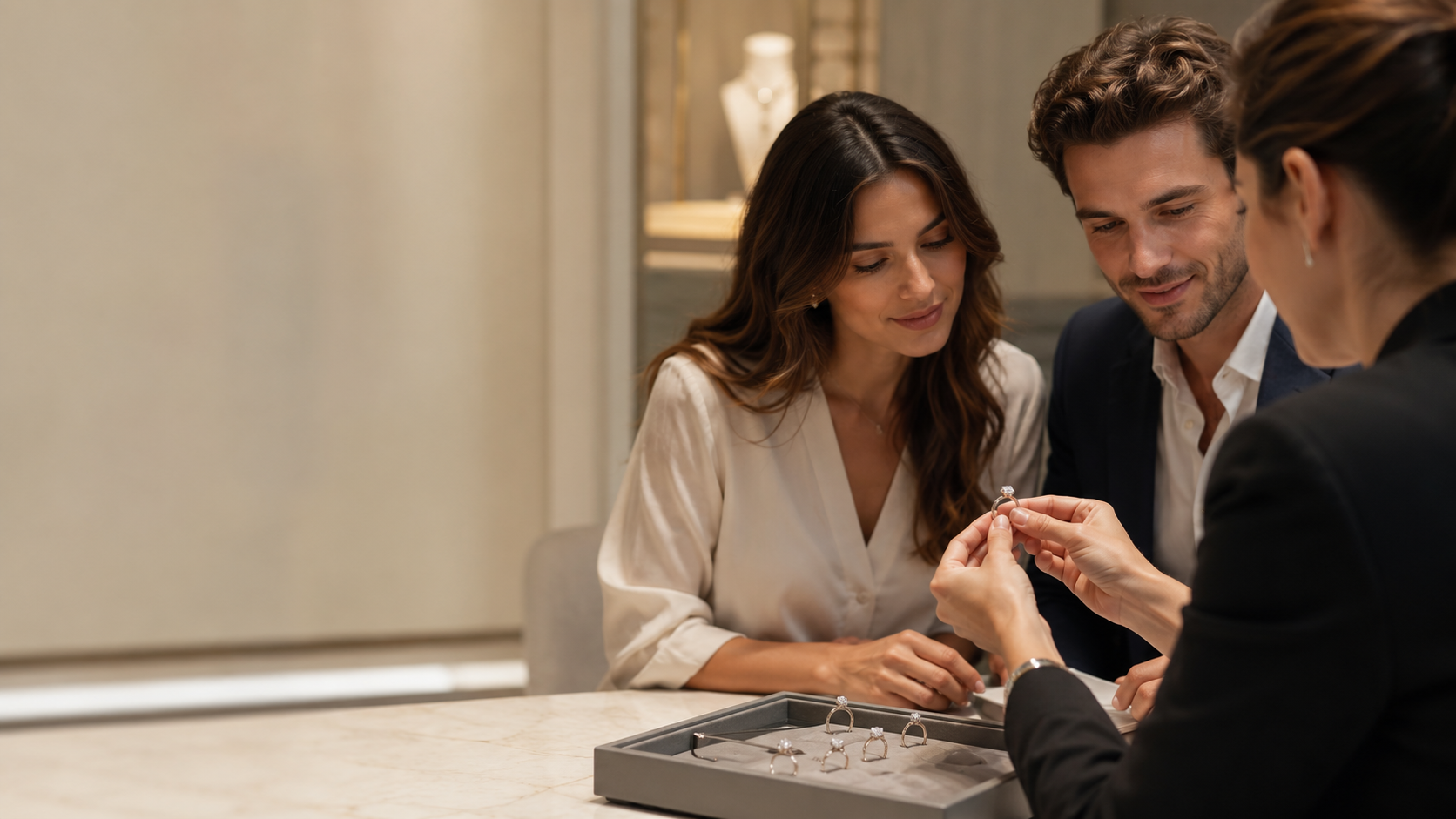 A couple discussing engagement ring options with a jeweller