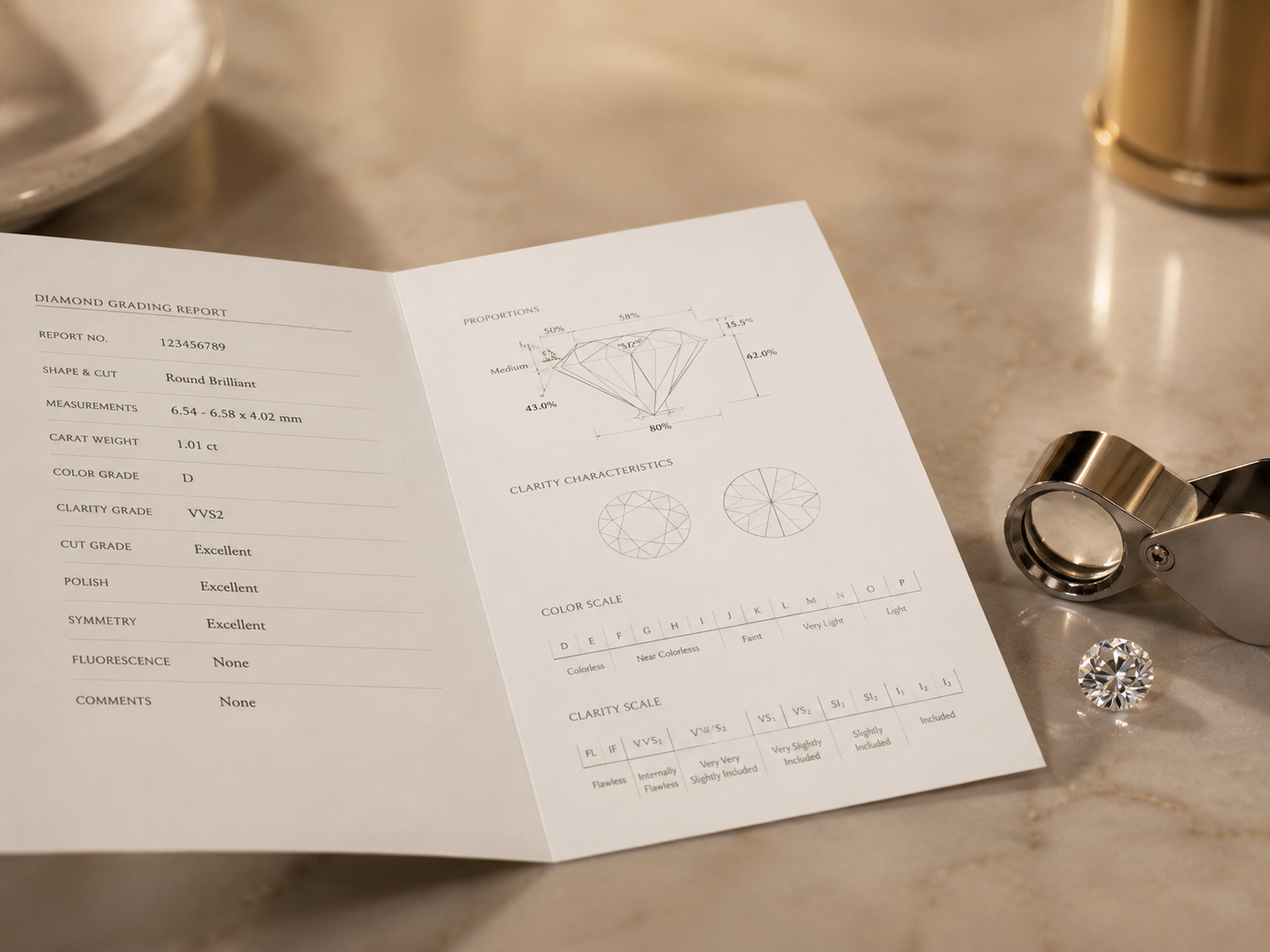 A diamond grading report beside a jeweller's loupe