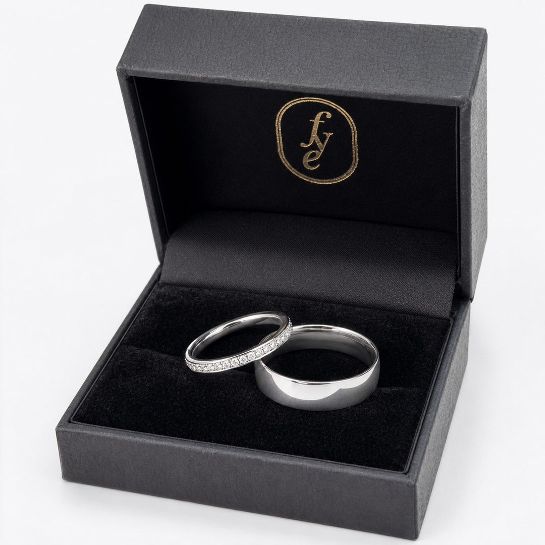 Grain set diamond wedding ring and court wedding band in a For Your Eternity gift box