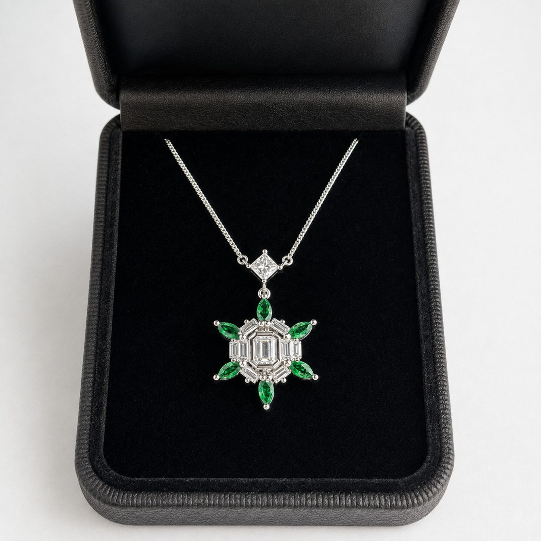 Emerald and diamond floral pendant in a For Your Eternity gift box