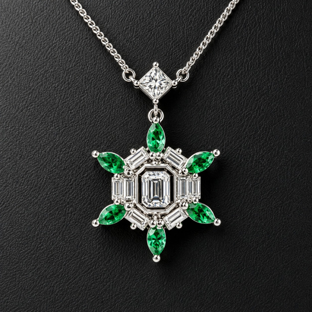 Platinum pendant with a central emerald cut diamond framed by baguettes and six marquise emeralds