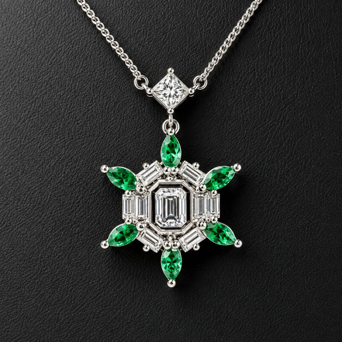 Platinum pendant with a central emerald cut diamond framed by baguettes and six marquise emeralds