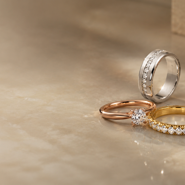 Plain and diamond-set wedding bands in white, rose and yellow gold