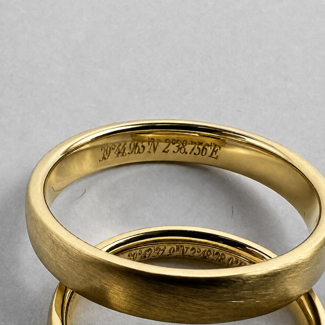 Coordinates engraved inside a curved 18ct yellow gold wedding ring